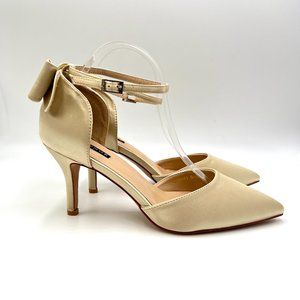 Erijunor‎ Womens Champagne Gold Cream Nude Satin Bow D'Orsay Heels Pumps Shoes